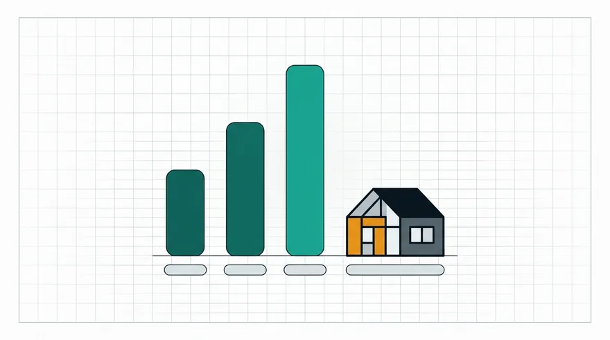 Illustration of three plain bars of increasing height beside a small house