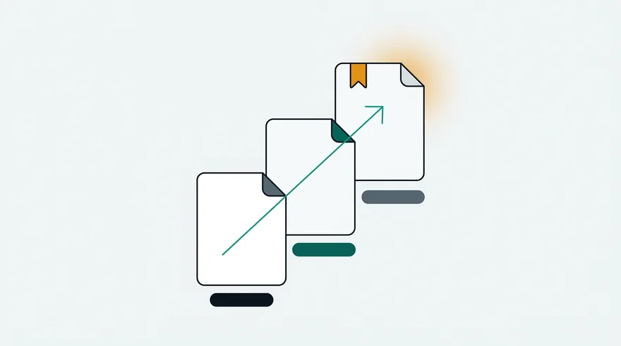 Illustration of three documents arranged as ascending steps with a rising arrow