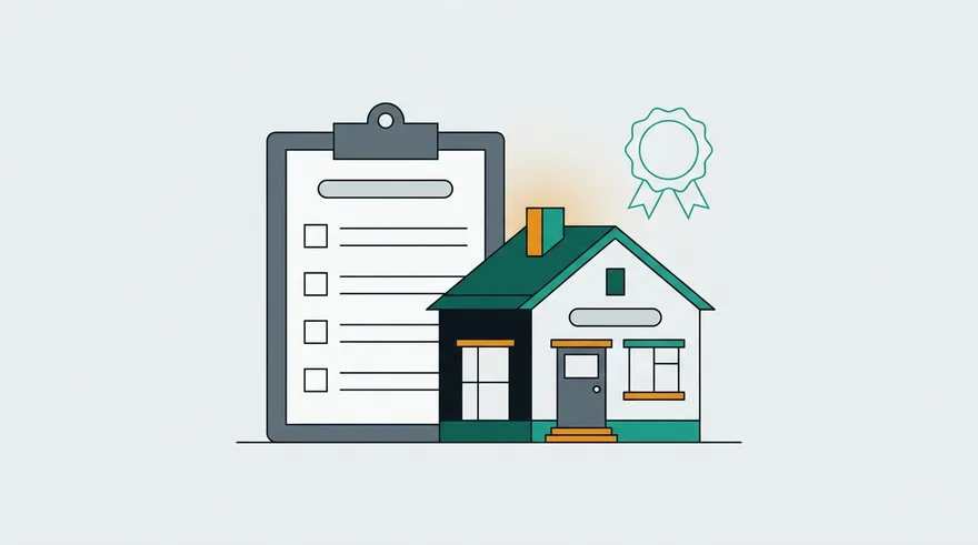 Illustration of a blank inspection checklist on a clipboard beside a new build house