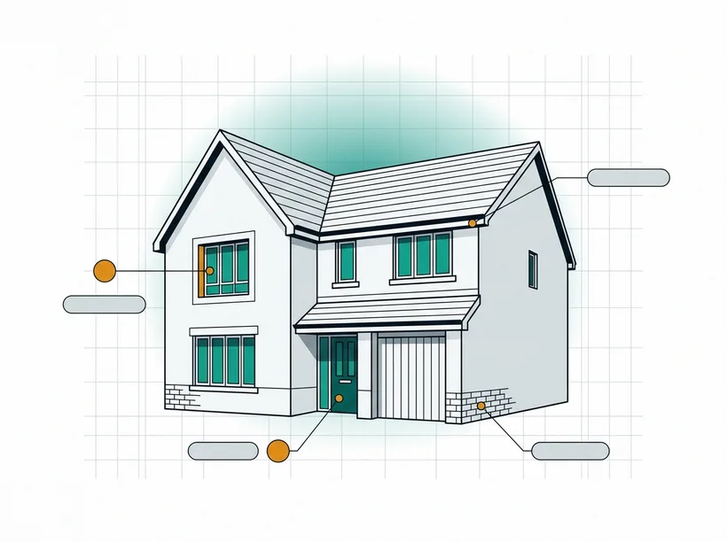 Illustration of a new build house with inspection points marked on the windows, door, eaves and brickwork