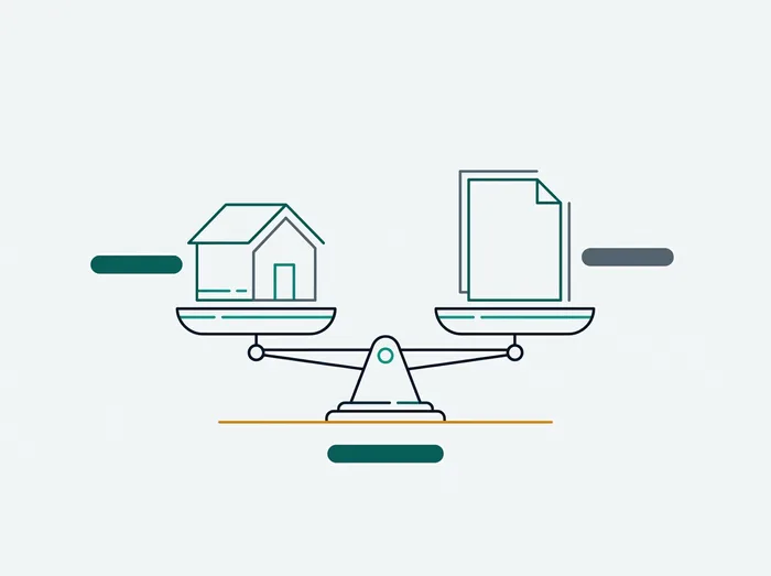 Illustration of balanced scales holding a house on one side and a report on the other