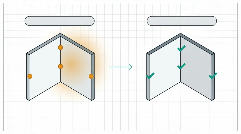 Before and after illustration: the same wall corner with defects marked, then the same points shown resolved