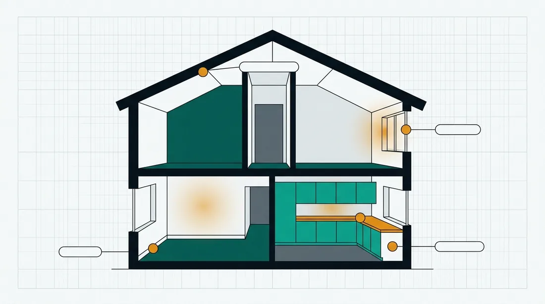 Cross-section illustration of a two-storey new build with inspection points marked across the rooms
